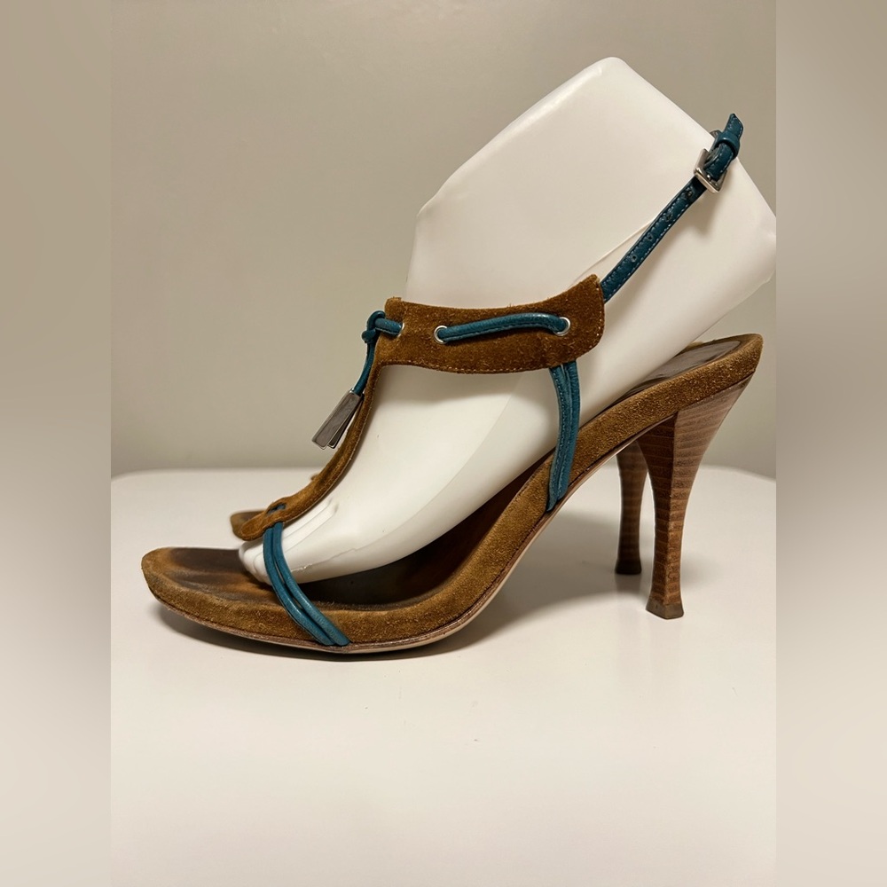 SERGIO ROSSI Brown Blue Leather Beaded T-Strap Sandals Women’s EU 38.5 US 8.5